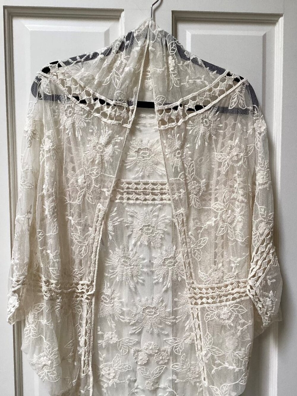 White, cream lace top, cover up, shrug, size large